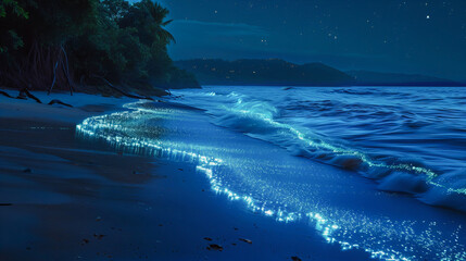 Um plano de fundo bioluminescente, onde pequenas ondas brilham suavemente, criando uma cena mágica e única