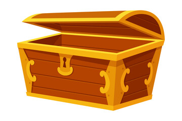 Chest. Game wooden antique box. Empty old wooden chest for gold treasure. Cartoon ancient container for pirates isolated vector icon on white