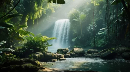 Keuken spatwand met foto waterfall in the forest hills. © Shades3d
