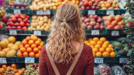 Young woman looking at fruit stalls at the market, view from the back, tourist photo. Shopping,...