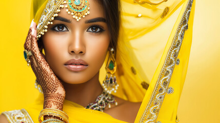 Mulher indiana com roupas  amarelas e tatuagens 