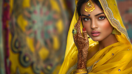 Mulher indiana com roupas  amarelas e tatuagens 