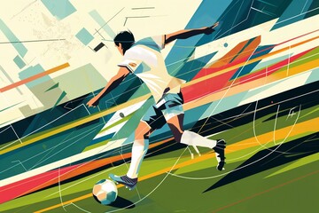 Soccer player cartoon illustration, colorful abstract person playing football abstract art collage