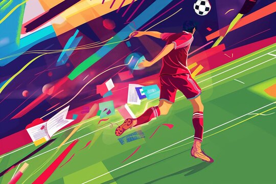 Soccer player cartoon illustration, colorful abstract person playing football abstract art collage