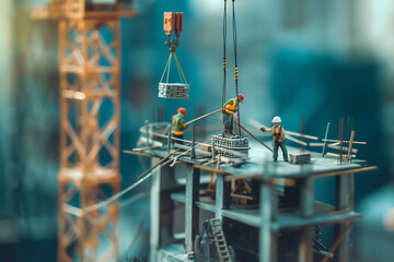 miniatures dans une maquette d'un immeuble en construction, avec une grue et des manœuvres du bâtiment. Métiers du BTP, construction, ouvriers, bâtiment
