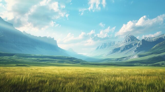 Natural Magnificence: Tranquil Landscape with Majestic Mountains, Blue Skies and Vast Grasslands Generative Ai