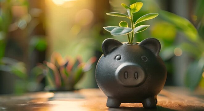 Simple piggy bank silhouette with a growing plant for savings
