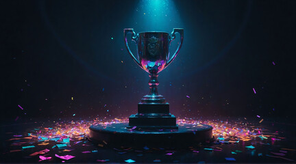 a gleaming trophy on the top of a podium surrounded by confetti symbolizing success and achievement.	