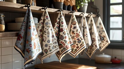A shelf stacked neatly with colorful towels in a kitchen. The towels are a mix of blue and orange hues, some with patterns.  They are folded and stacked on a wooden shelf mounted on white subway tiles