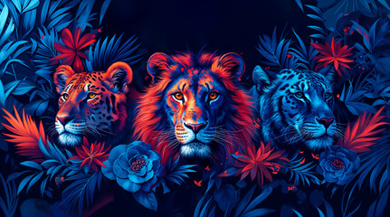 arrière-plan sur le thème des animaux, lion et panthères, feuilles tropicales, tons bleu et orange - espace vide pour texte - obrazy, fototapety, plakaty