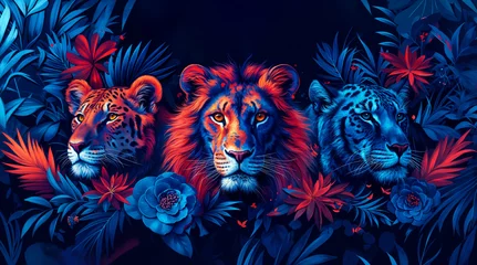 Foto op Canvas arrière-plan sur le thème des animaux, lion et panthères, feuilles tropicales, tons bleu et orange - espace vide pour texte © Fox_Dsign
