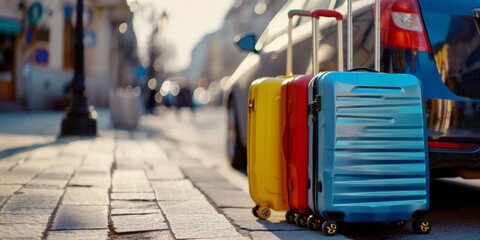 Bright colorful suitcases on cobblestone street with sunlit backdrop of an urban landscape