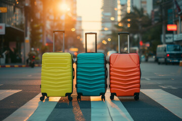 Three colorful suitcases standing on a pedestrian crossing, city vibes with sunset in the backdrop