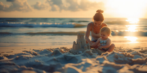 Mother and toddler engrossed in building a sandcastle at sunset, capturing the essence of beach fun - obrazy, fototapety, plakaty