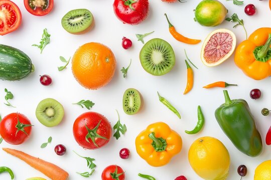 Colorful top view of mixed fruits and vegetables on white backdrop
