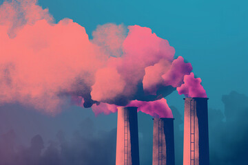 Artistic image of smokestacks emitting fumes against twilight sky. Twilight view of industrial smokestacks emitting toxic emissions causing environmental damage and impacting air quality at dusk - obrazy, fototapety, plakaty