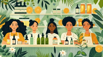 Organic body care workshop with animated characters crafting natural remedies and beauty products - obrazy, fototapety, plakaty