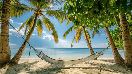 Uma rede de descanso armada entre as palmeiras em uma bela praia relaxante, evocando o conceito de viagem e lazer