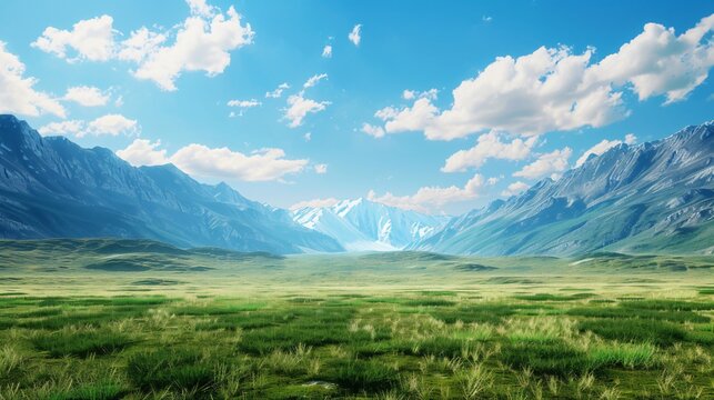 Vast golden grasslands stretch beneath the hills, visible from a distance, a serene and secluded landscape under a vast blue sky with white clouds, Generative Ai
