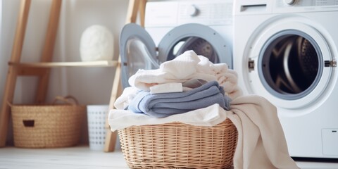A basket of laundry with a washing machine in the background. Generative AI.