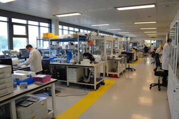 Professional scientists conducting research in a well-equipped lab with advanced technology and various scientific instruments.
