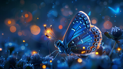 Majestic Blue Butterfly with Ornate Wings Resting on Dewy Flora, Magical Nature Scene, AI-Generated - obrazy, fototapety, plakaty