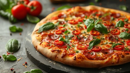 Indulge in a delectable pizza adorned with fresh herbs and peppers for a savory delight - obrazy, fototapety, plakaty