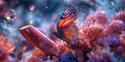 Surreal 3D render of a whimsical, floating lipstick with butterfly wings, surrounded by a swirling vortex of vibrant, floral-scented mist and shimmering, holographic particles - obrazy, fototapety, plakaty