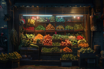vegetable shop, vegan food store, fresh vegetables and fruits on the counter in an open store near the house the sun's rays are falling - obrazy, fototapety, plakaty