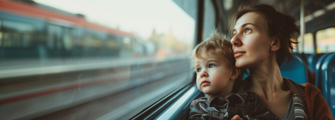 Pensive young mother and child deeply immersed in the moving landscape from a train window