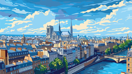 Paris france  panorama from NotreDame flat cartoon - obrazy, fototapety, plakaty