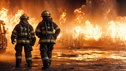 Eroi del Fuoco- Due Vigili del Fuoco che si preparano a Combattere un Incendio tra Fiamme e Fumo