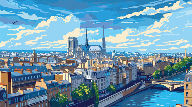 Paris france  panorama from NotreDame flat cartoon