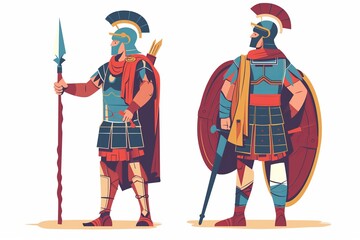Two soldiers in ancient roman empire, flat cartoon illustration