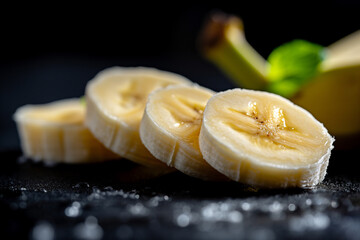 Close-up of ripe banana slices on a dark, textured surface, highlighting their natural sweetness. Fresh sliced banana on dark background with copy space - Powered by Adobe