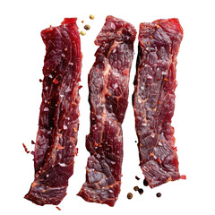 3 beef jerky pieces on transparent background with peppercorns