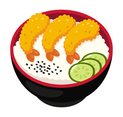 Tempura fried shrimp and rice bowl, Japanese food. Cartoon vector illustration.