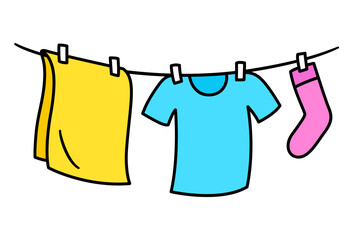 Laundry drying on washing line simple drawing