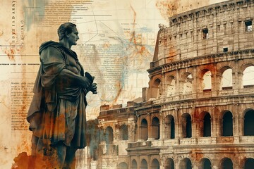 Great Roman Empire architecture and emperor caesar statue archeological historical illustration - obrazy, fototapety, plakaty