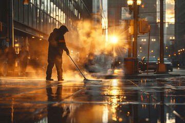 Man road sweeper caretaker cleaning with broom tool street cleaner against the backdrop of houses city center sunset sun rays smoke fog puddles people clean sweeping sidewalk public order cleanliness