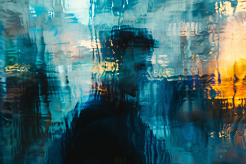 silhouette à travers une vitre dans la pluie. abstraction tons bleu et jaune, laissant deviner le visage d'un homme - obrazy, fototapety, plakaty
