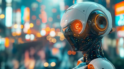 Futuristic robot portrait, neon cyberpunk with blurred background