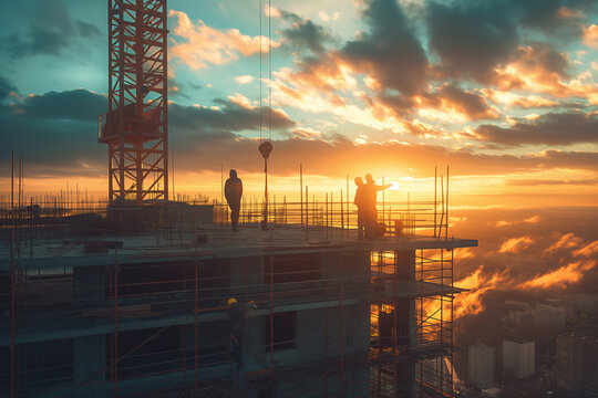 The group of workers working at a construction site 3d render building a house, handymen building in the process of work against the backdrop of sunset, the facade being repaired