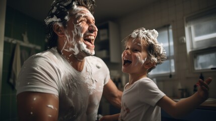 happy Father and son make funny faces, have fun, fool around while shaving with foam in the bathroom. Family Values, Parenthood, Children, Positive Emotions concepts - obrazy, fototapety, plakaty