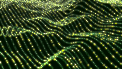 Looped green glowing dots and sparkles waves of grid mesh surface animated abstract background 4K endless seamless loop 3d video motion graphics. Bright electric neon animation.