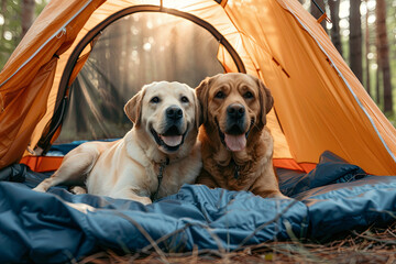 two dogs in a tent in the forest. travel with the pet
 - obrazy, fototapety, plakaty