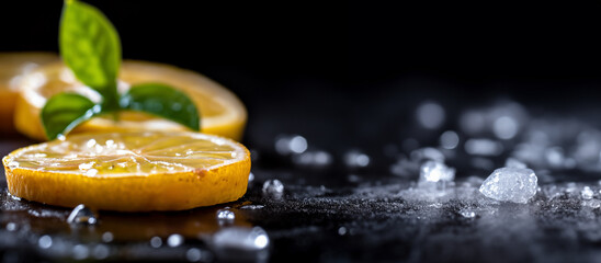 Macro shot of a juicy lemon slice and mint leaves with sparkling water droplets - obrazy, fototapety, plakaty