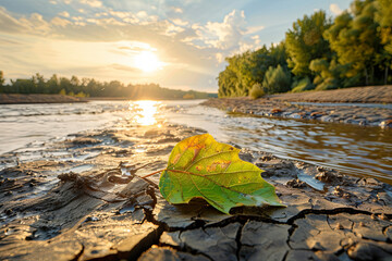 Climate change and Global warming concept. Burning leaf at land of cracked earth metaphor drought and Green leaf with river and beautiful clear sky metaphor Abundance of Nature
 - obrazy, fototapety, plakaty