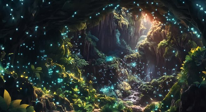 Subterranean cave glowing with bioluminescent plants and creatures, echoes of whispers