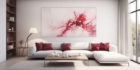 Contemporary sophistication meets artistic flair with a ruby and white back art wall, elevating the modern living room aesthetic. - obrazy, fototapety, plakaty
